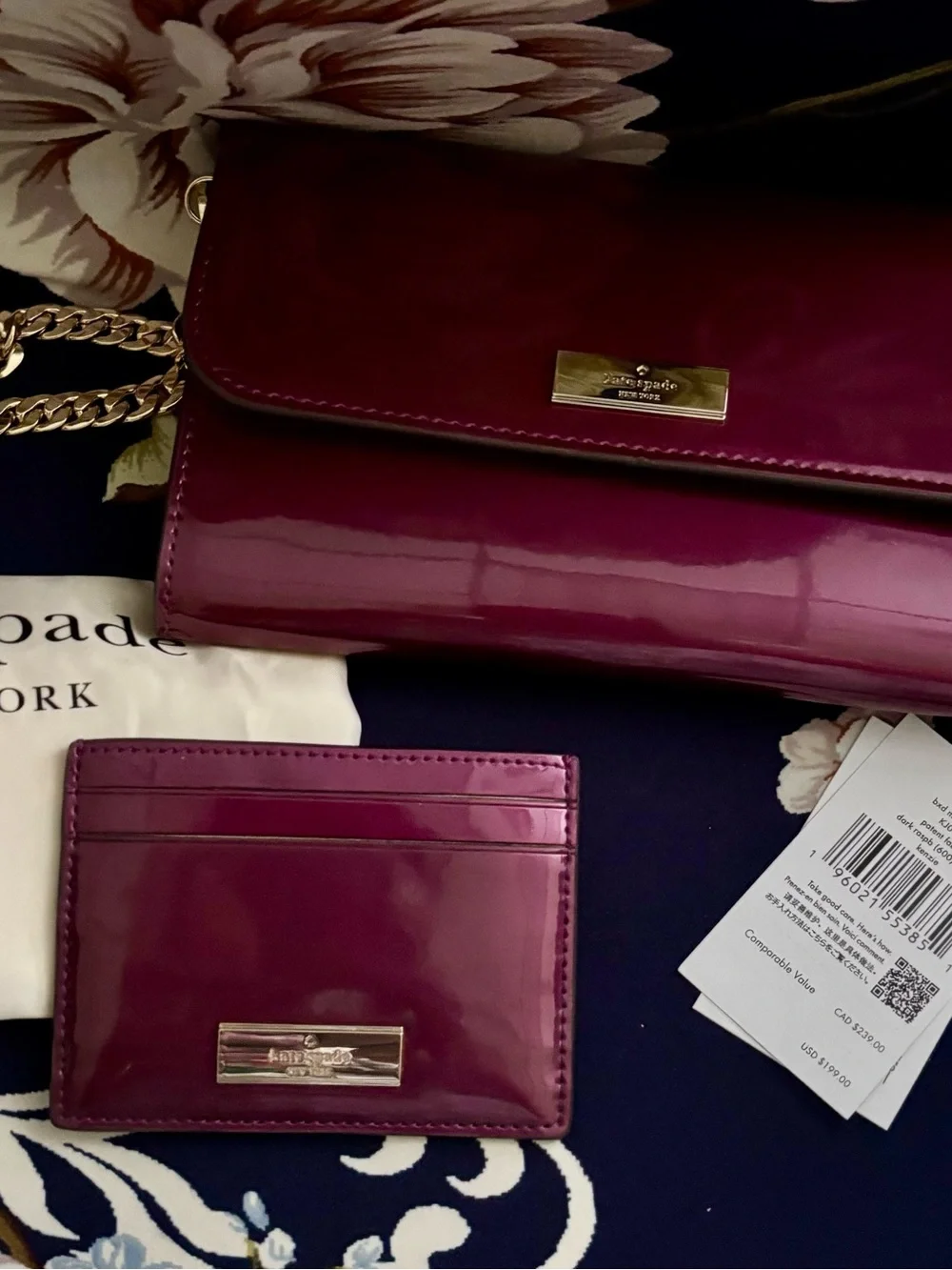 Kate Spade Kenzie Patent Wallet & Card Holder Gift Set Plum Metallic New